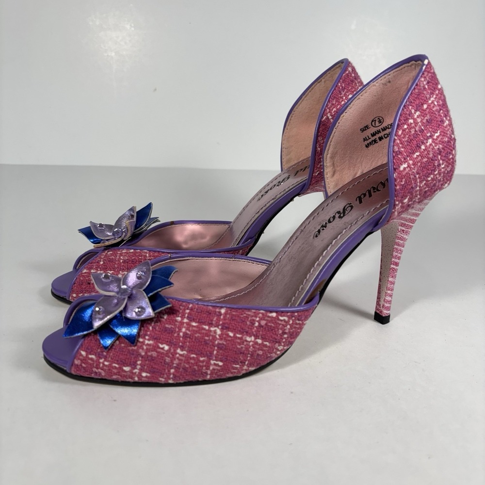 Wild Rose Pink Tweed Peep Toe High Heel Pump Flower Detailed Size 7 1/2  Preppy